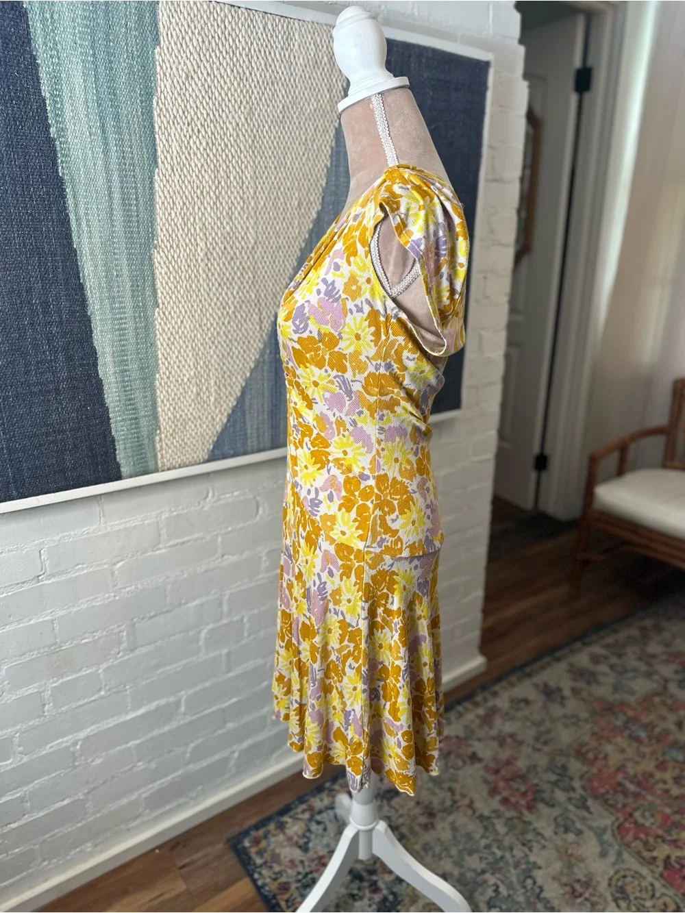 Free People Yellow and Purple Floral Ribbed Drop Waist Dress
